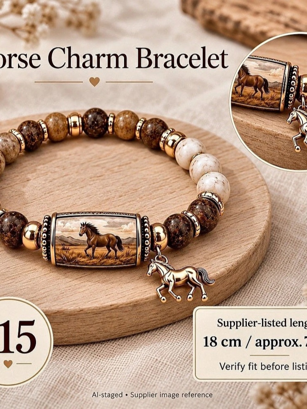 Horse Charm Bracelet in Brown & Gold NWT